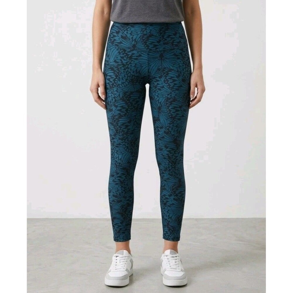 Leonisa High Waisted Tummy Control Leggings L Teal Blue Black Butterfly Print
